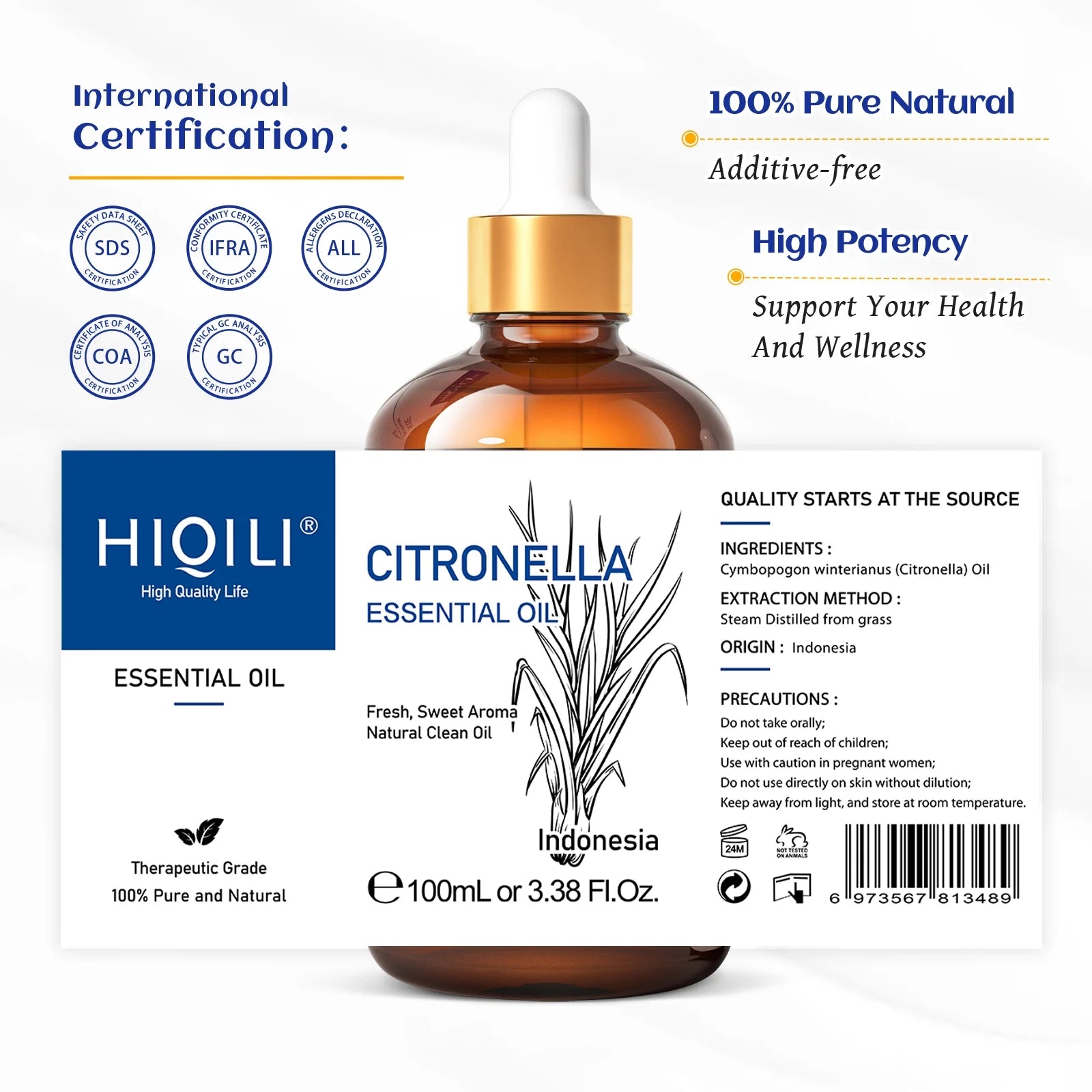 Citronella Essential Oil, 100Ml Pure Nature Undiluted for Diffuser, Humidifier,
