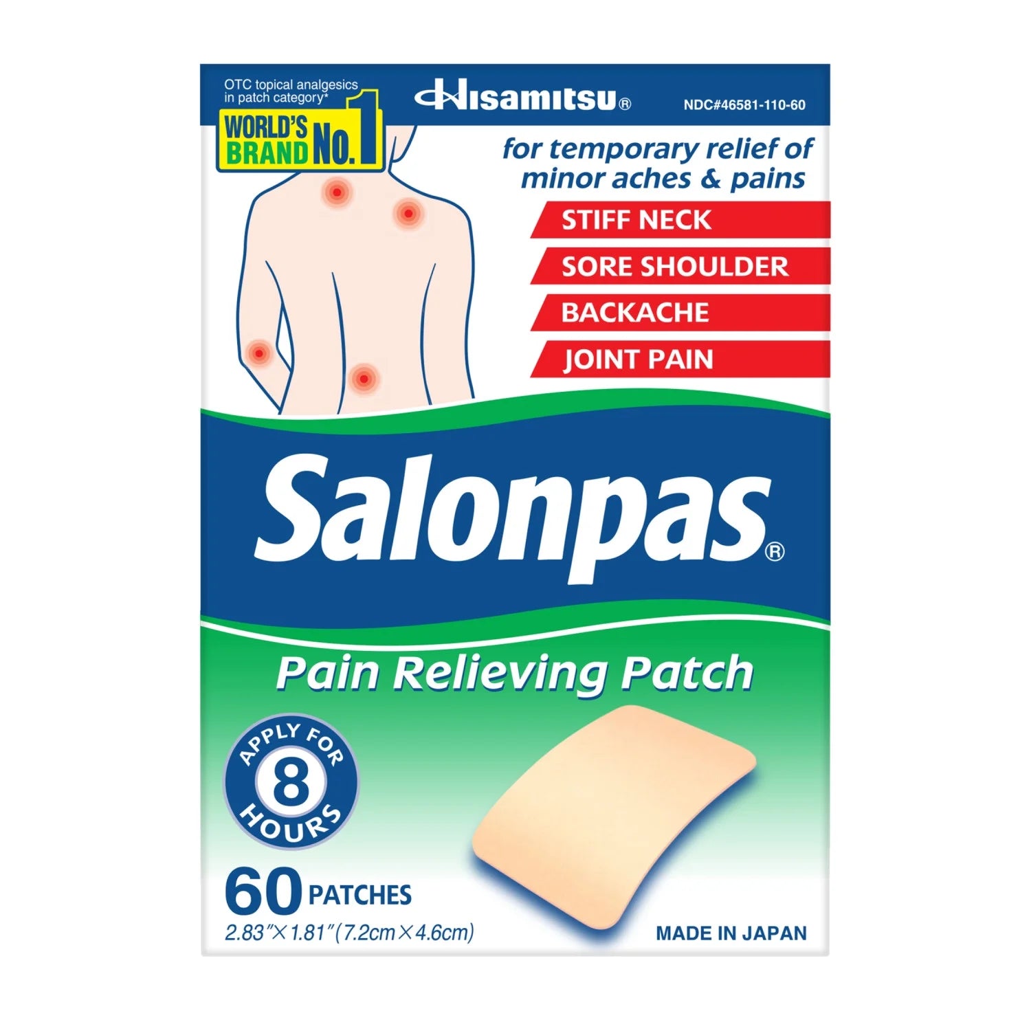 8 Hour Pain Relief Patch with Camphor 3.1% & Menthol 6% for Back & Muscles, 60 C