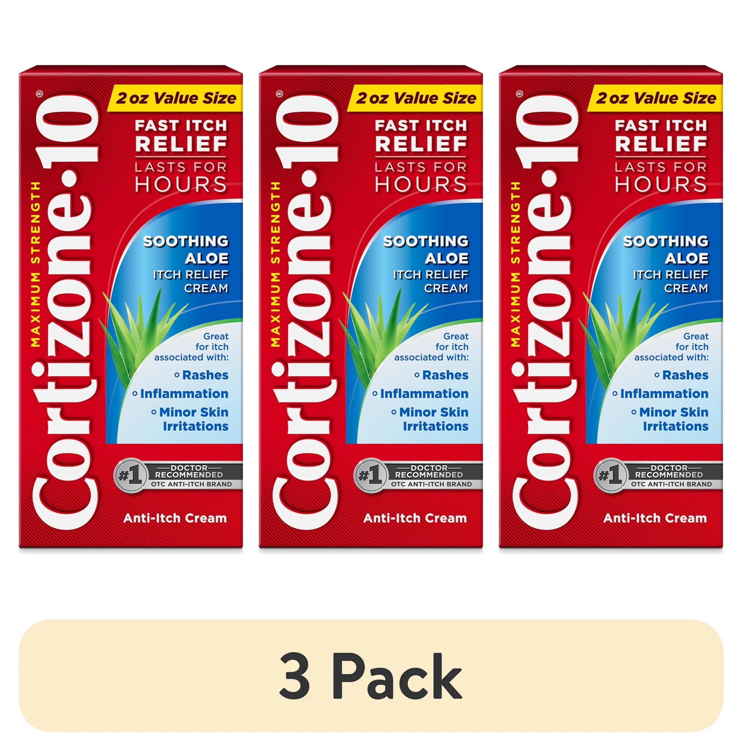 (3 Pack) Cortizone-10 Maximum Strength Soothing Aloe Itch Relief Cream, 1% Hydrocortisone, Fast-Acting, Anti-Itch Cream for Bug Bites, Rash, Eczema, Psoriasis, Poison Ivy, Oak, Sumac & More, 2 Oz