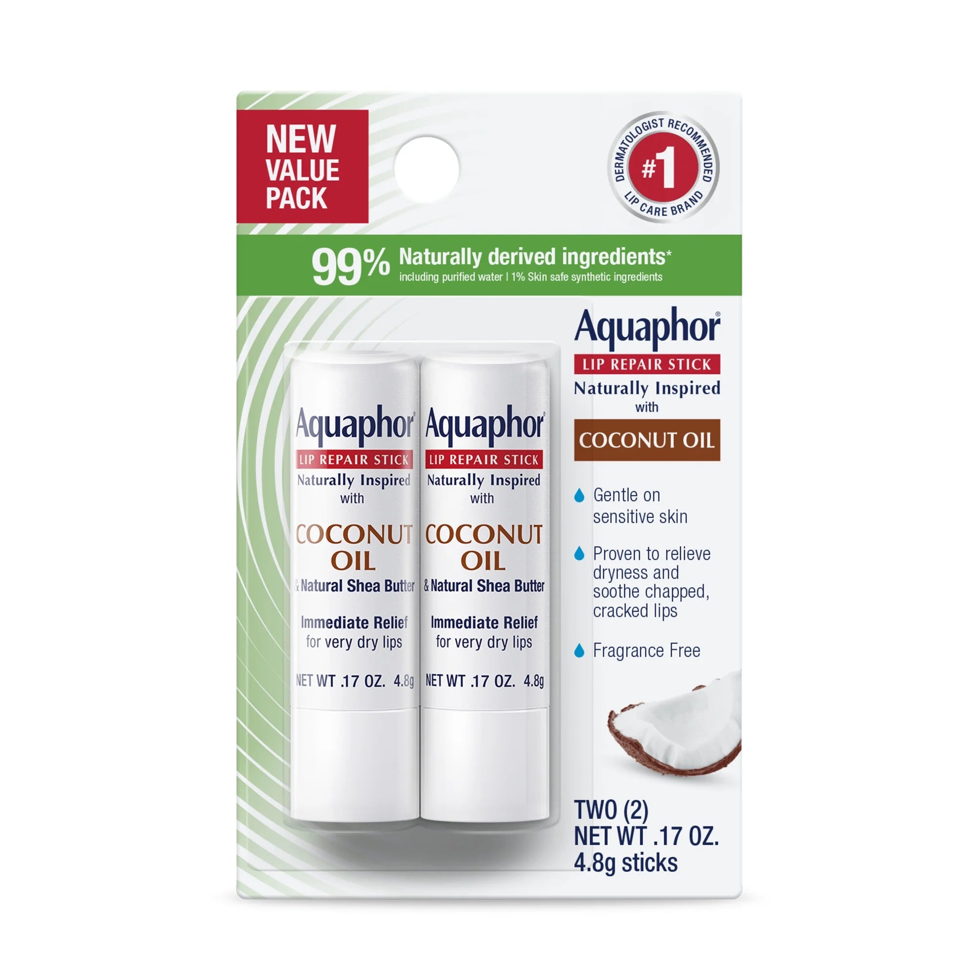 Aquaphor Naturally Inspired Lip Repair Sticks, Lip Balm with Coconut Oil, Pack of Two 0.17 Oz Sticks