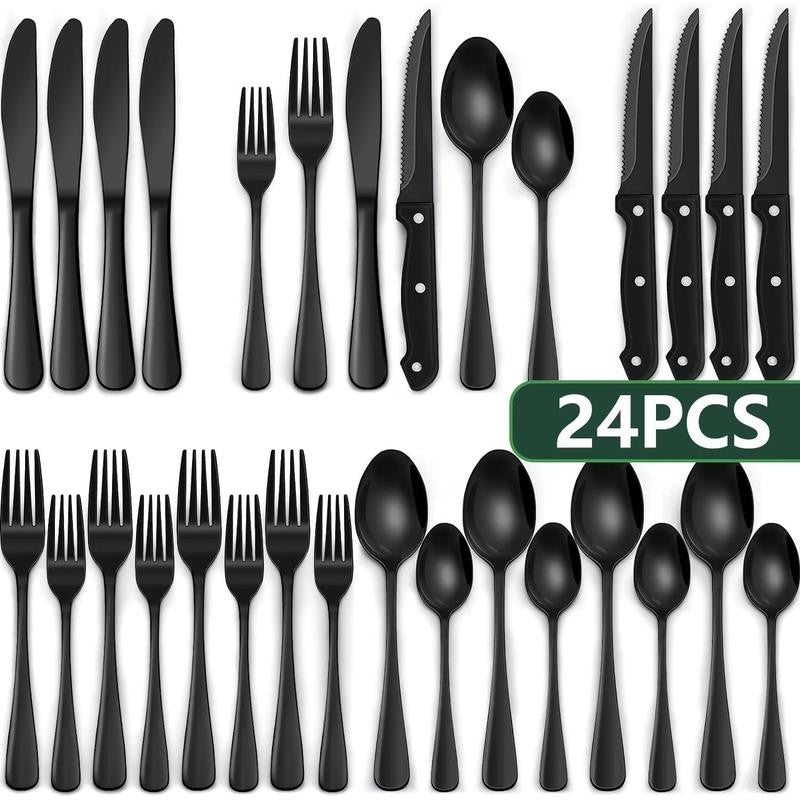 24-Piece Black Silverware Set with Steak Knives, Black Flatware Set for 4, Food