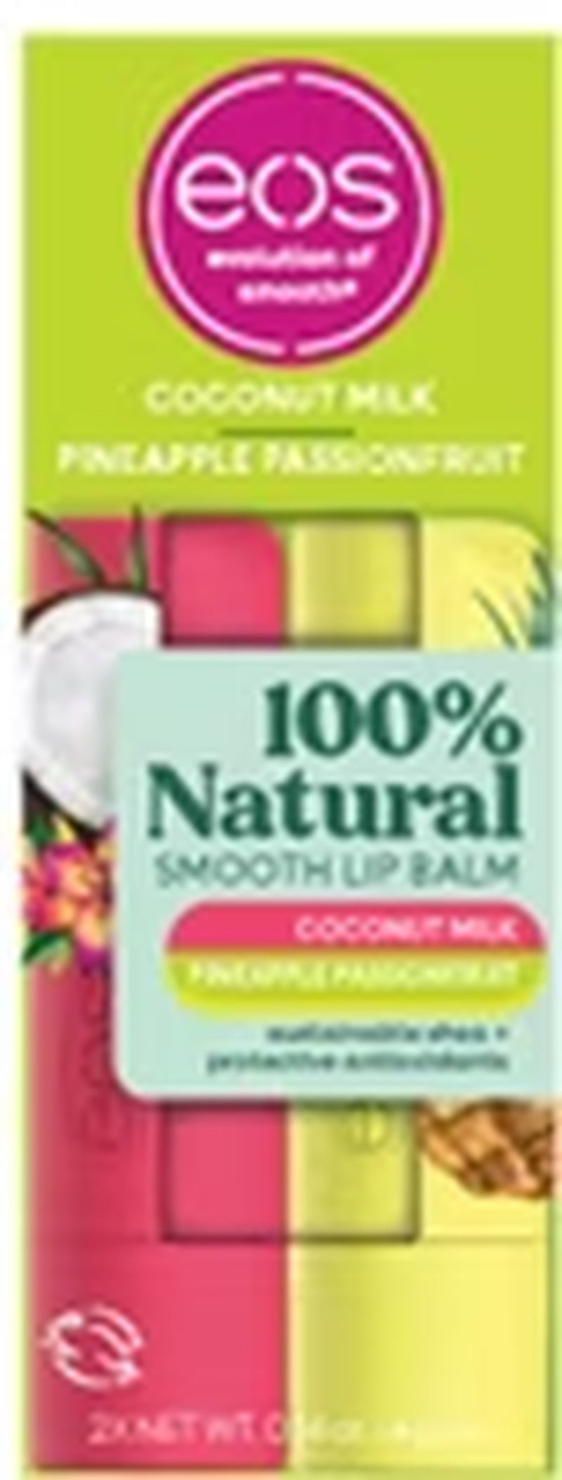 Eos 100% Natural Shea Lip Balm, Coconut Milk & Passionfruit, 0.14 Oz, 2-Pack Stick Carton