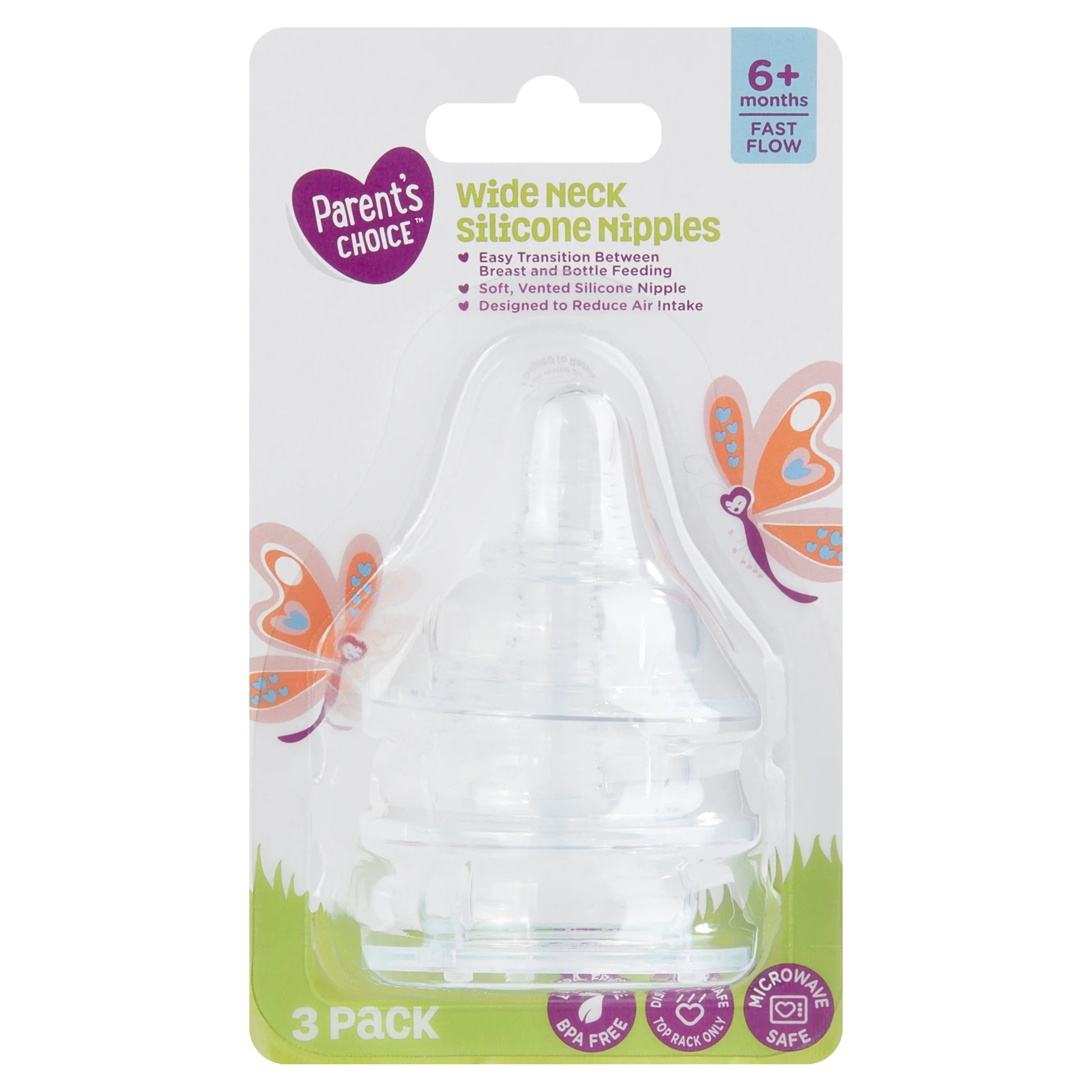 (3 Pack) Parent'S Choice Wide Neck Silicone Nipples, 6+ Months, 3 Pack