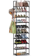 10 Tier Metal Shoes Rack, Narrow Stackable Shoes Shelf with Hooks, Shoe Tower F