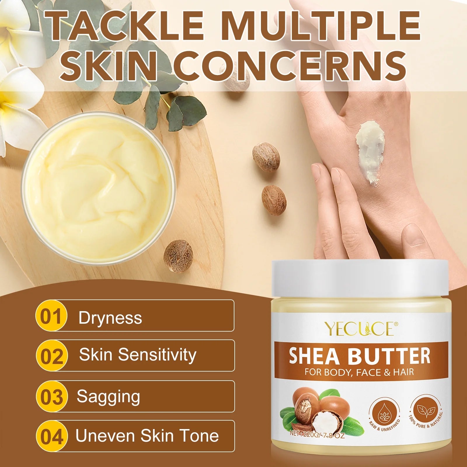 100% Pure & Natural Shea Butter Raw - 2 Pack Skin Moisturiser -Enriched with Nourishing Vitamins,Long-Lasting Hydration for Dry Skin,7.8 Oz