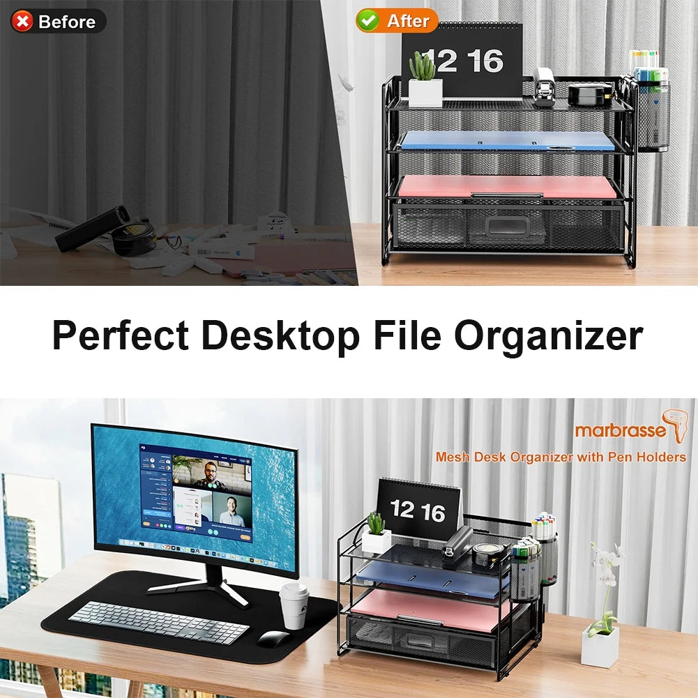 4-Tier Desk Organizer with Drawer – Multi-Functional Desktop File Holder with Pen & Pencil Cup, Letter Tray Organizer for Office Supplies, Black Metal File Organizer for Home and Office