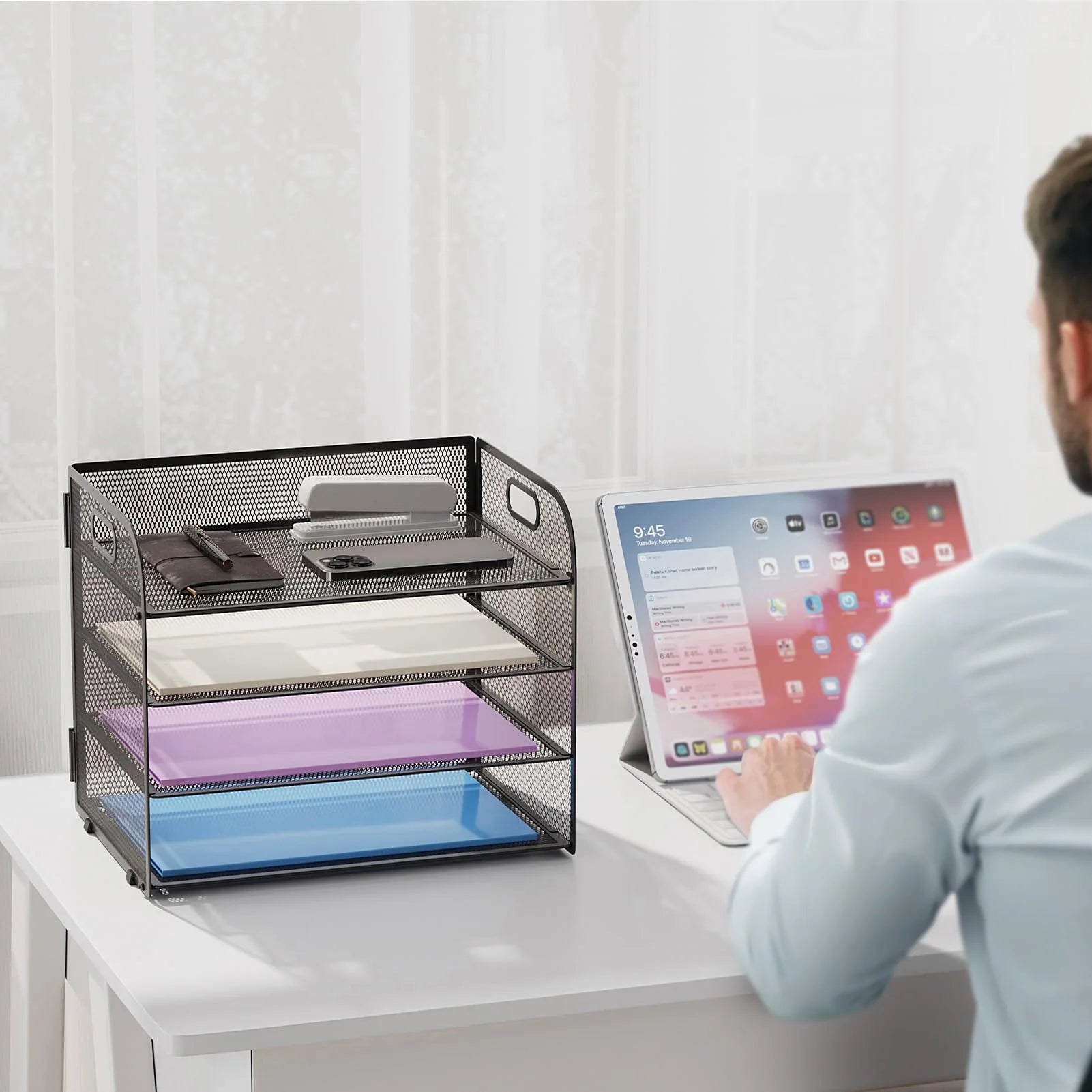 4-Tier Desk Organizer Tray, ,Paper Organizer for Desk,Mesh Desktop File Organizers with Handle