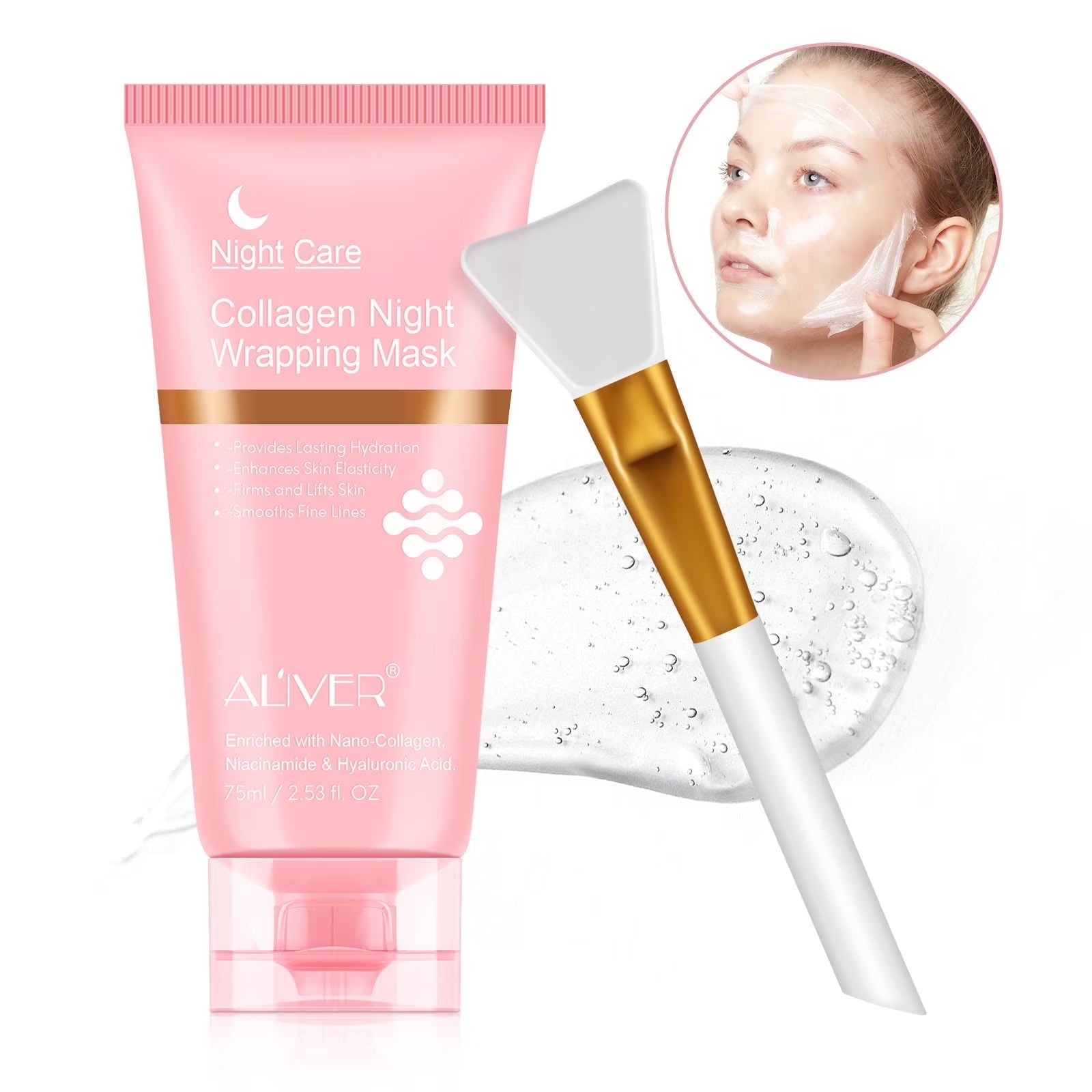 Aliver Collagen Night Wrapping Mask,Peel off Face Mask,With Brush, Reduce Sagging and Dullness for All Skin Type, 2.53 Fl.Oz