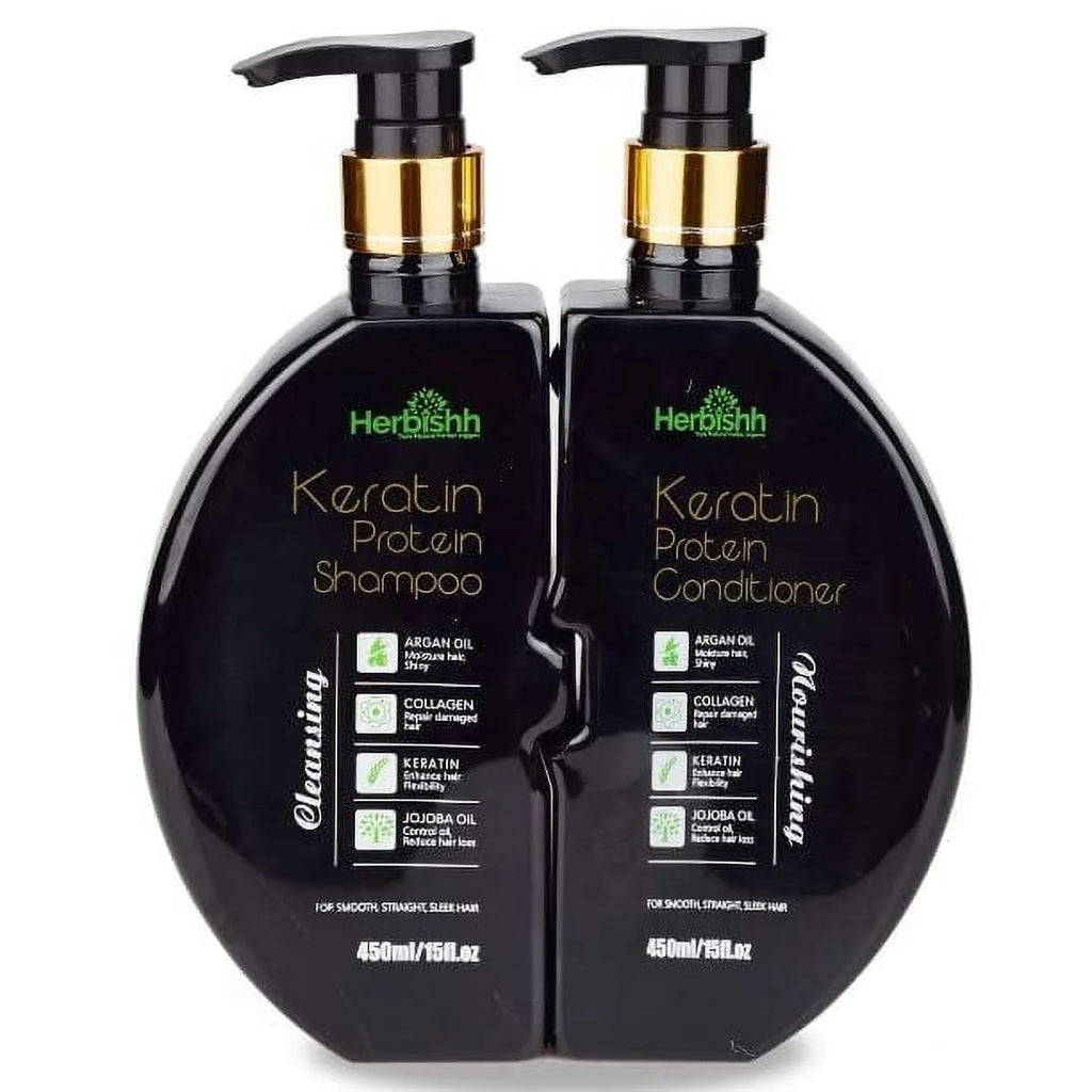 Herbishh Keratin Shampoo and Conditioner Set – Shiny & Frizz-Free, All Hair Types, Unisex, 450Ml