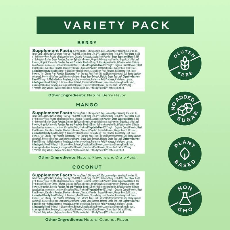 Greens & Superfoods Powder Sticks, for Gut Health, Mango, Berry, and Coconut Fla