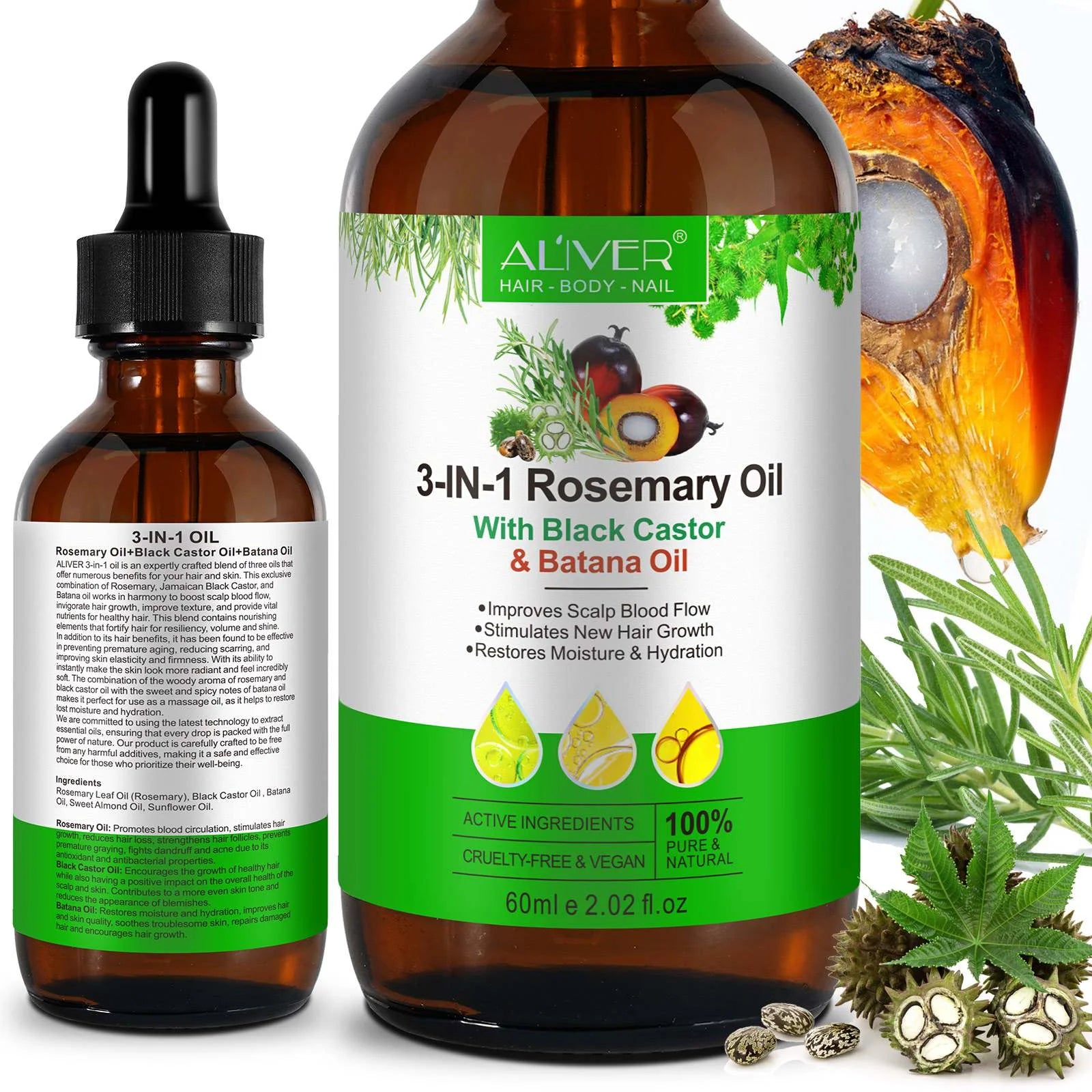 3-IN-1 Rosemary Oil with Black Castor & Batana Oil, 100% Pure & Natural, Hair Care & Skin Care, Organic Cold-Pressed, Cruelty-Free & Vegan, 2.02 Fl Oz