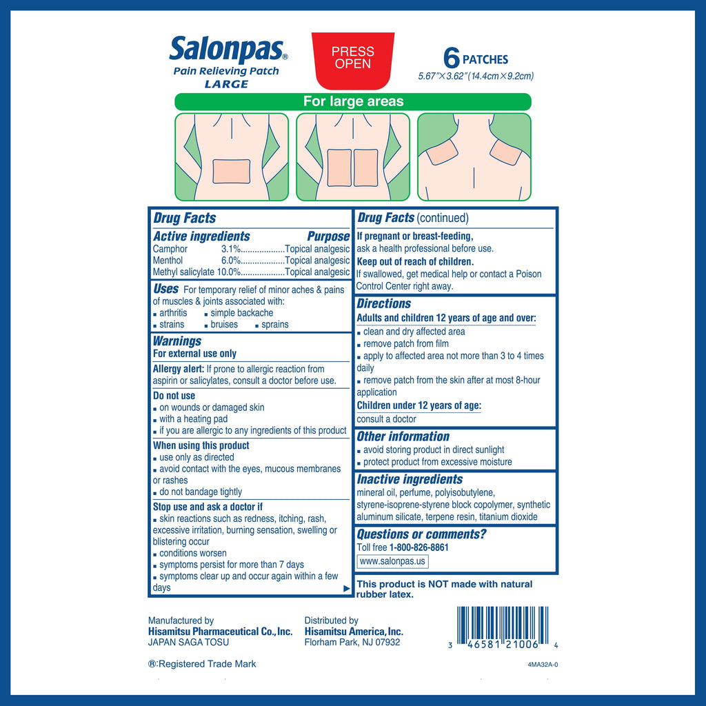 8 Hour Pain Relief Patch with Camphor 3.1% & Menthol 6% for Back & Muscles, Large, 6 Count