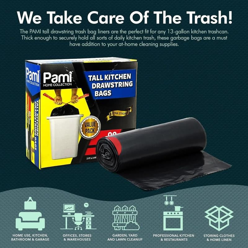 13-Gallon Tall Drawstring Trash Bags, Thick Trash Can Liners Plastic Garbage Bag