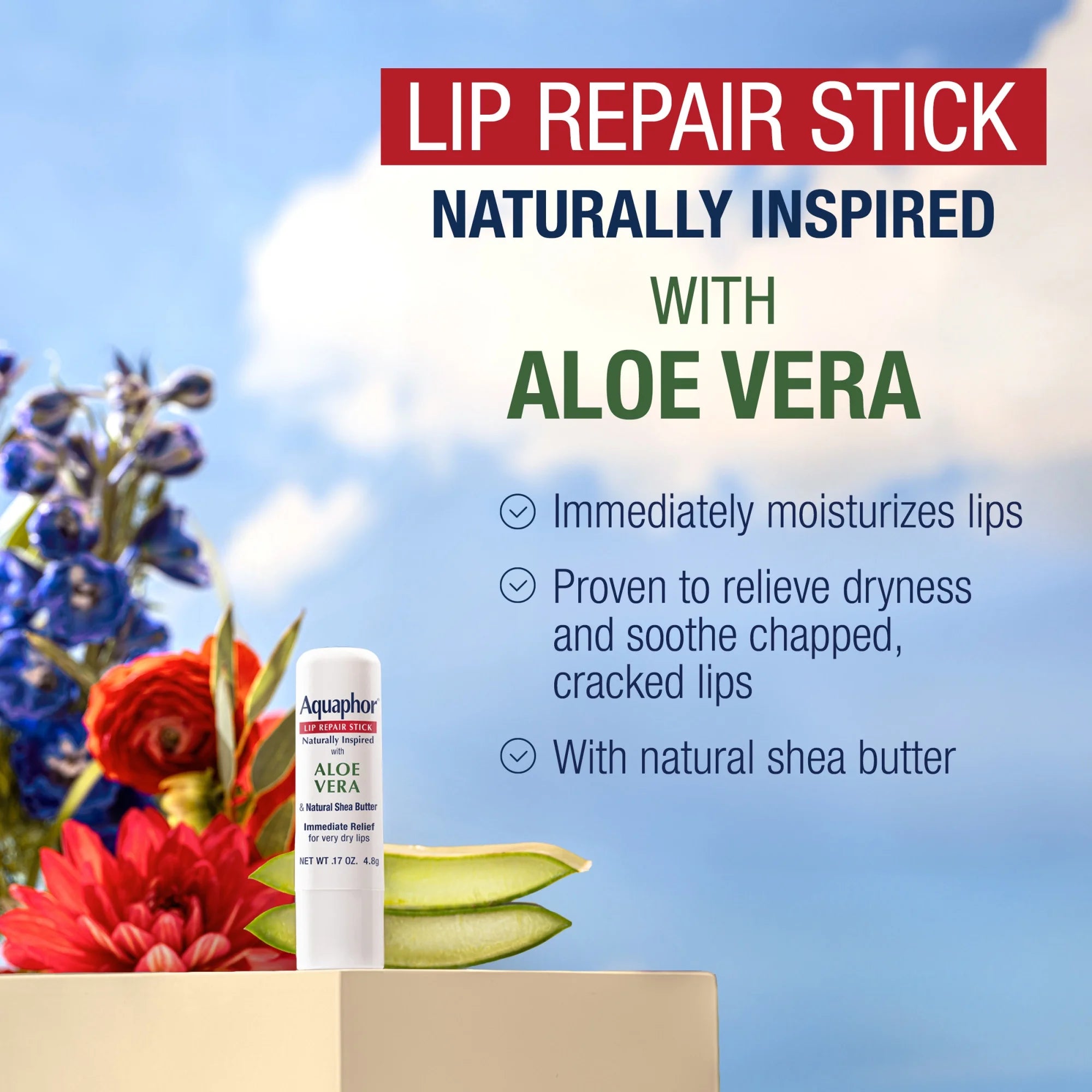Aquaphor Naturally Inspired Lip Repair Stick for Very Dry Lips, Lip Balm with Aloe Vera, 0.17 Oz