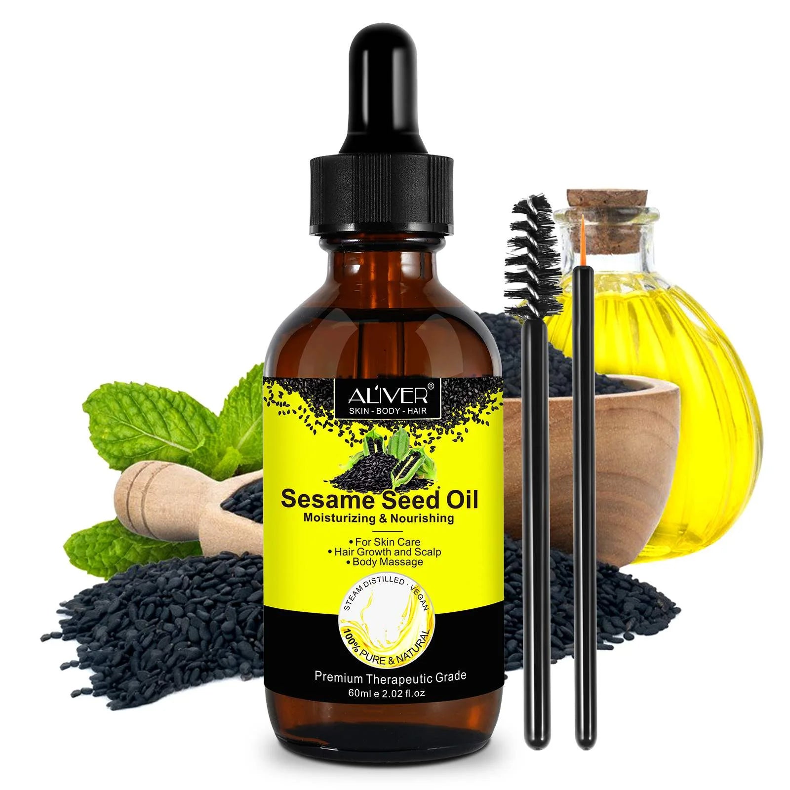 ALIVER Sesame Seed Oil for Face, Skin, Body, Hair, Massage, Moisturizing & Nourishing, 100% Pure & Natural, Cold Pressed, Cruelty Free, 2.02 Fl Oz