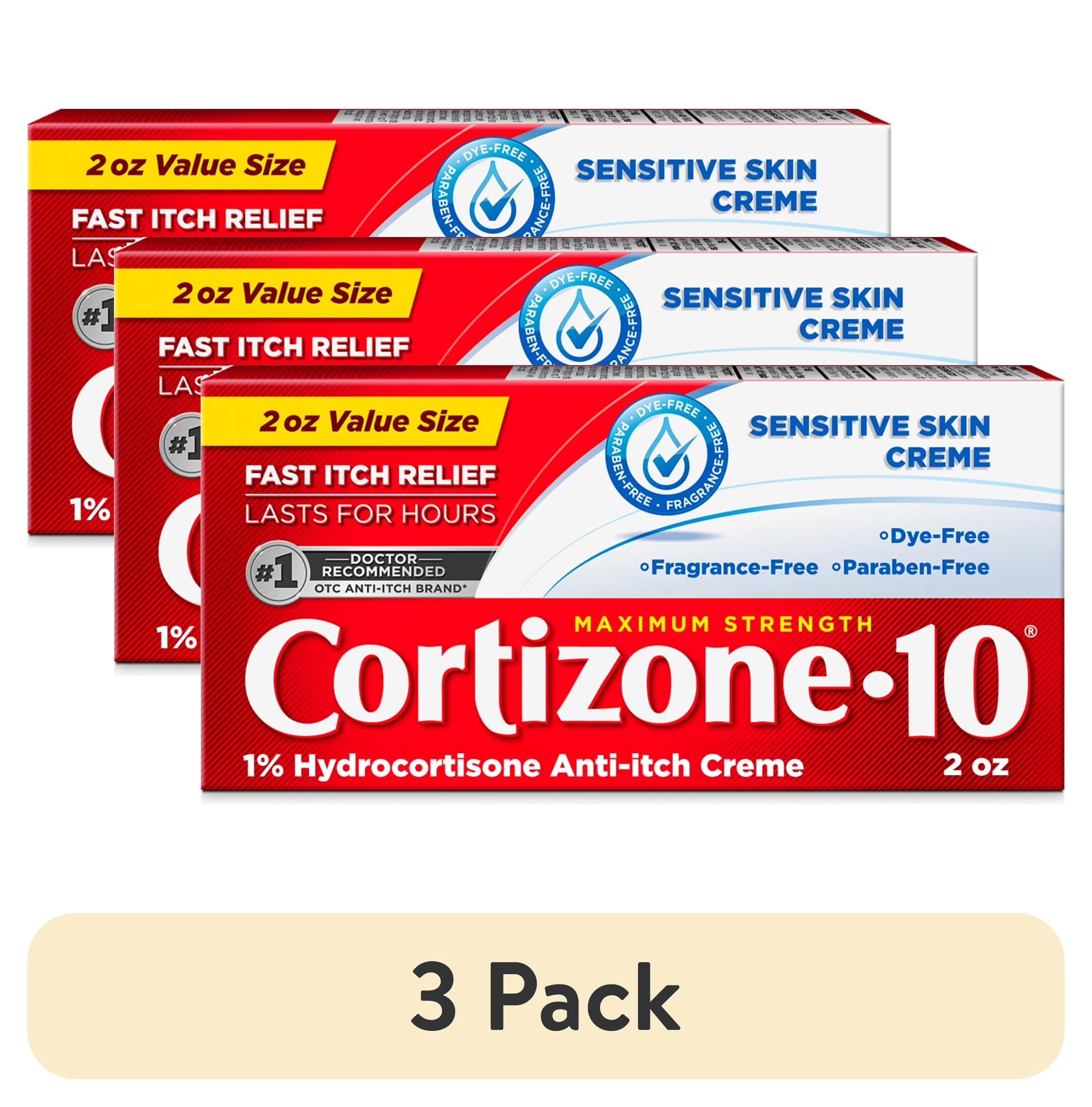 (3 Pack) Cortizone-10 Maximum Strength Sensitive Skin Itch Relief Cream, 1% Hydrocortisone, Fast-Acting, Anti-Itch Cream for Bug Bites, Rash, Eczema, Psoriasis, Poison Ivy, Oak, Sumac & More, 2 Oz