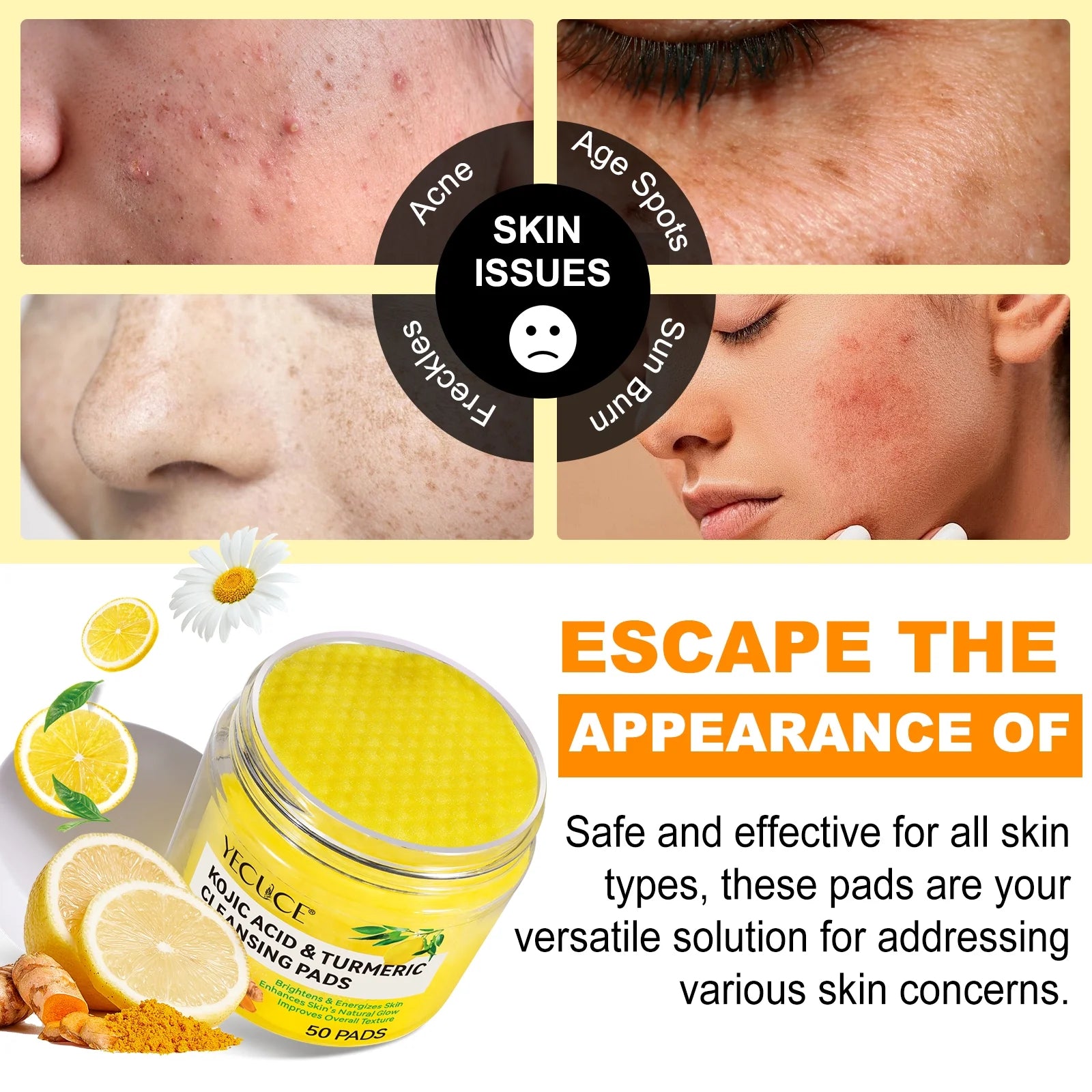 50 Pads Kojic Acid & Turmeric Cleansing Pads-Cleanses Pores, Exfoliates, Removes Dirt and Makeup, Facial Cleansing Pads for Women & Men