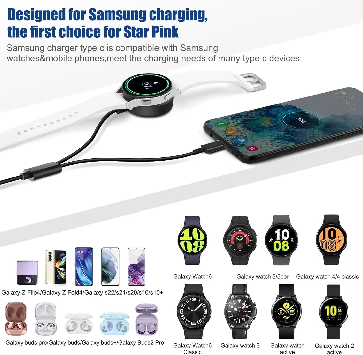 2 In1 Samsung Watch Charger,25W USB C Fast Charger Compatible with Galaxy Watch 7/6/6 Classic/5 Pro/5/4 /4 Classic/3/Active2/1 and Galaxys24/S23 /S22/21/20 Note/Z Fold 6(6Ft)