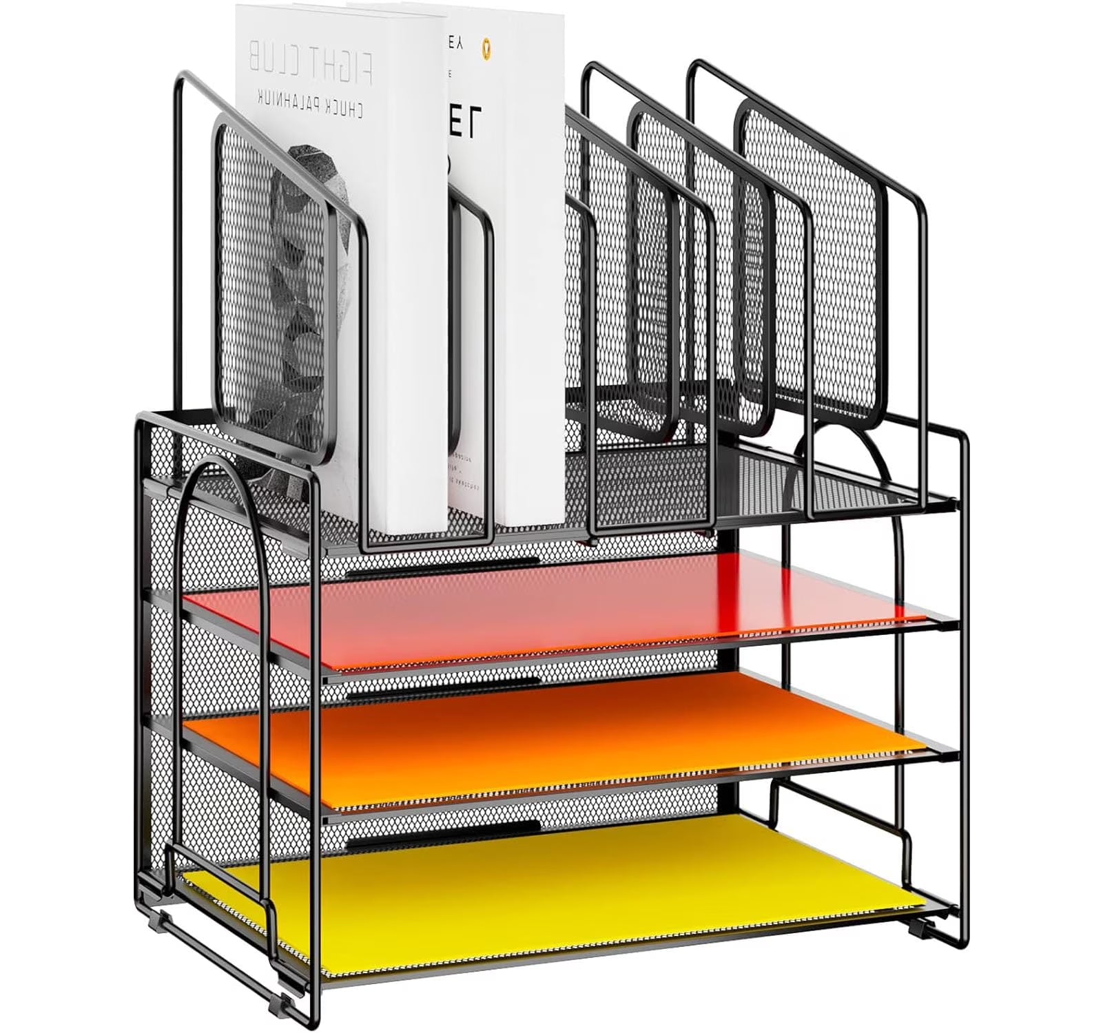 4-Tier Mesh Desk File Organizer,5 Vertical File Holder and Handle for Home Office (New Vertical Holder-Black)