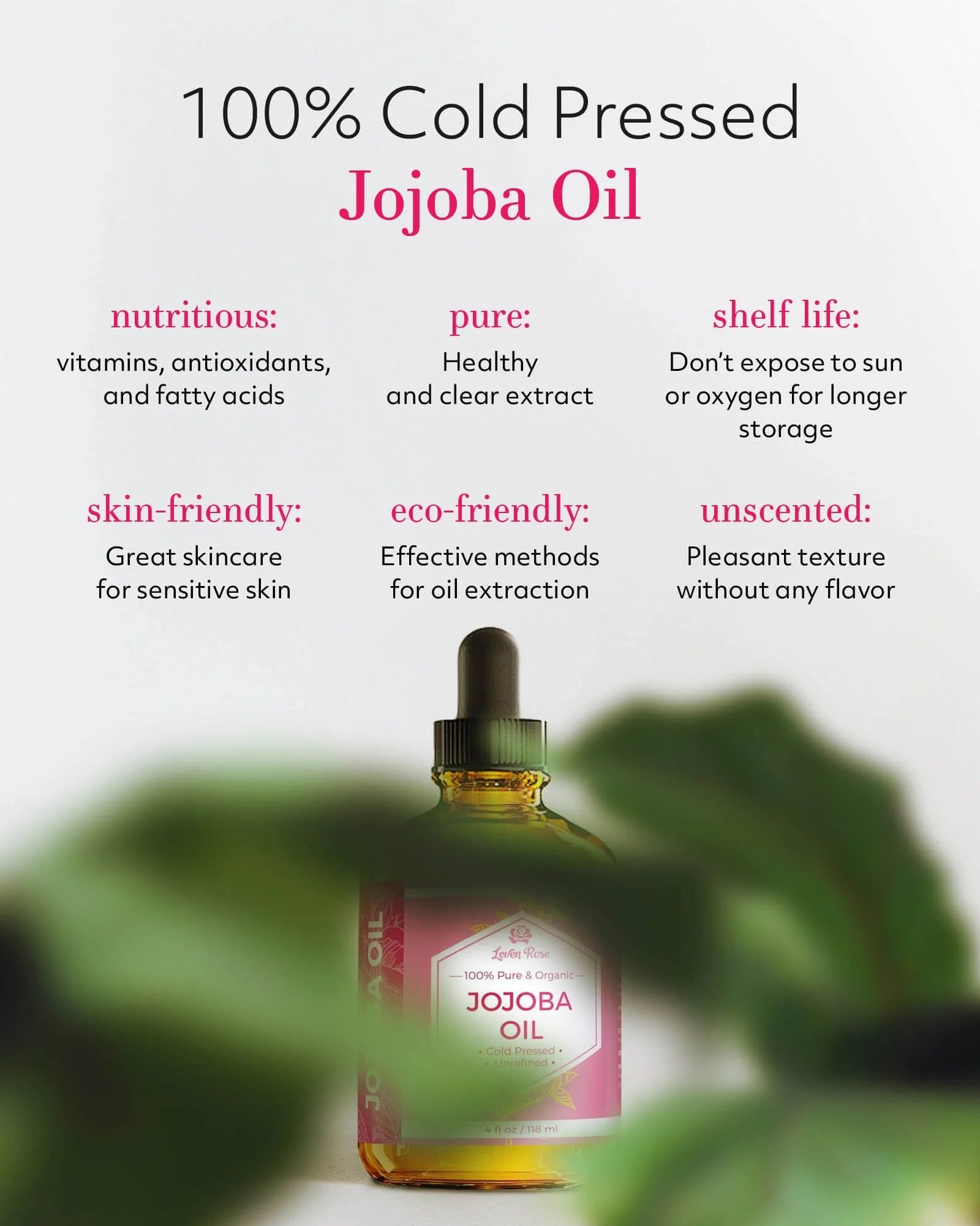 Leven Rose Organic Jojoba Oil for Skin, Hair, and Nails 4 Fl Oz
