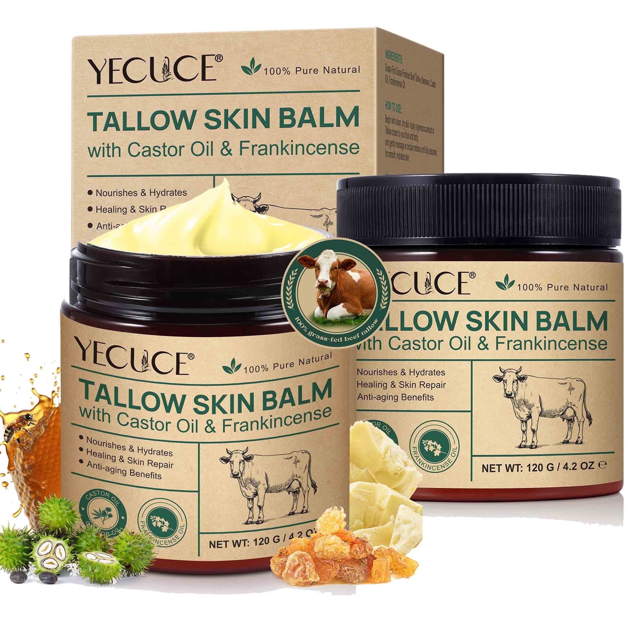 2-Pack Tallow Skin Balm with Castor Frankincense, Pure Natural Deeply Nourishes & Hydrate, for All Skin Types