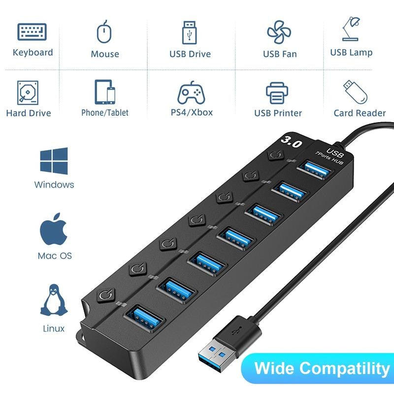 7 Port USB Hub Splitter 3.0 for Laptop Desktop USB Adapter with Individual Switc