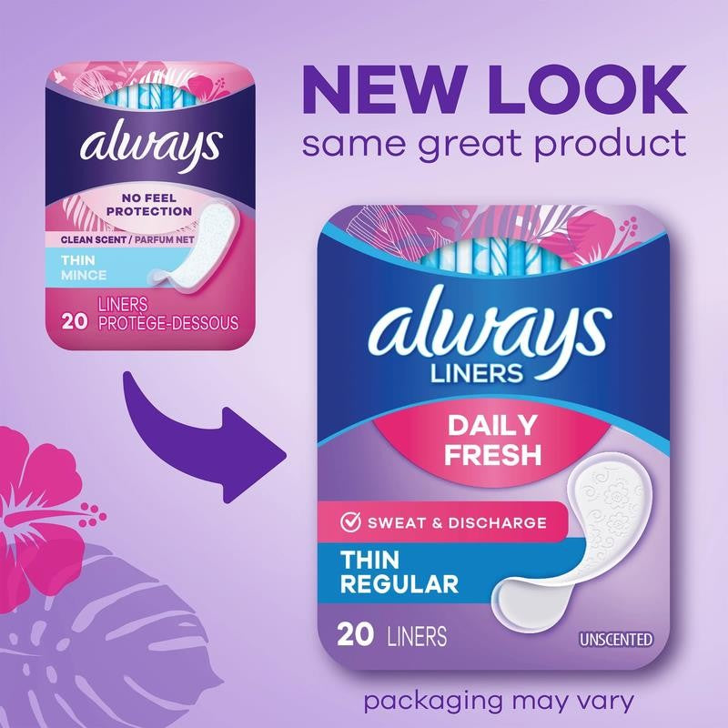 Daily Fresh Thin Panty Liners, Regular Absorbency, Unscented, 72 Count