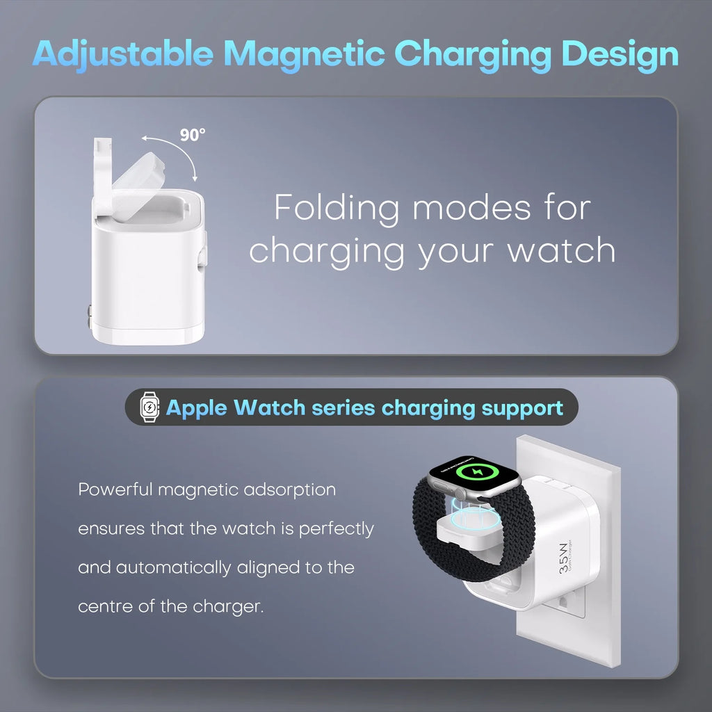35W 3-In-1 Gan Wall Charger with Wireless Charging for Smartwatch, USB-C + USB-A Ports, 2.2Ft Retractable Cable, Foldable Plug (White)