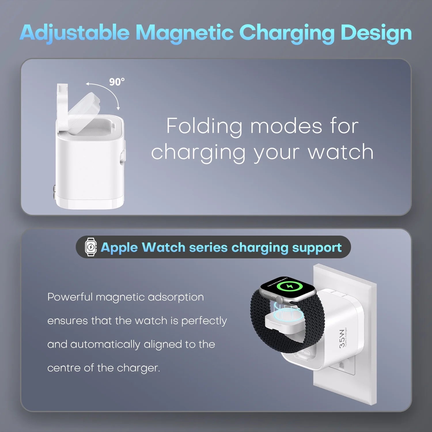 35W 3-In-1 Gan Wall Charger with Wireless Charging for Smartwatch, USB-C + USB-A Ports, 2.2Ft Retractable Cable, Foldable Plug (White)