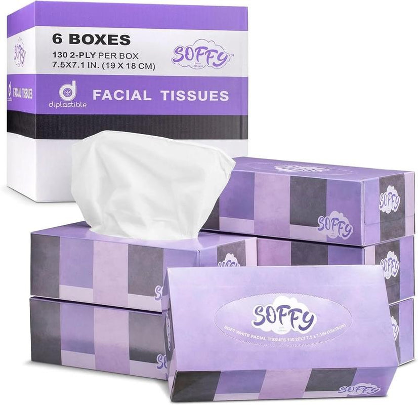 Facial Tissue Paper 130 Tissues per Box, 6 Boxes Car and Travel Tissue Packs
