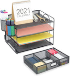 4-Tier Desk Organizer with Drawer – Multi-Functional Desktop File Holder with Pen & Pencil Cup, Letter Tray Organizer for Office Supplies, Black Metal File Organizer for Home and Office