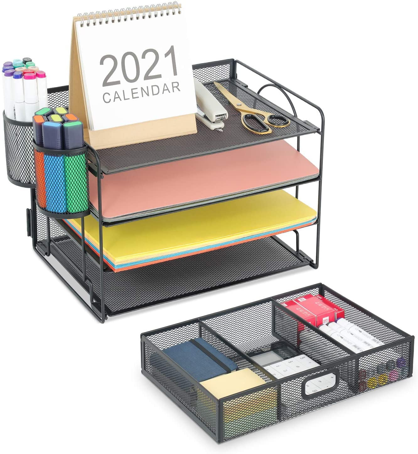 4-Tier Desk Organizer with Drawer – Multi-Functional Desktop File Holder with Pen & Pencil Cup, Letter Tray Organizer for Office Supplies, Black Metal File Organizer for Home and Office