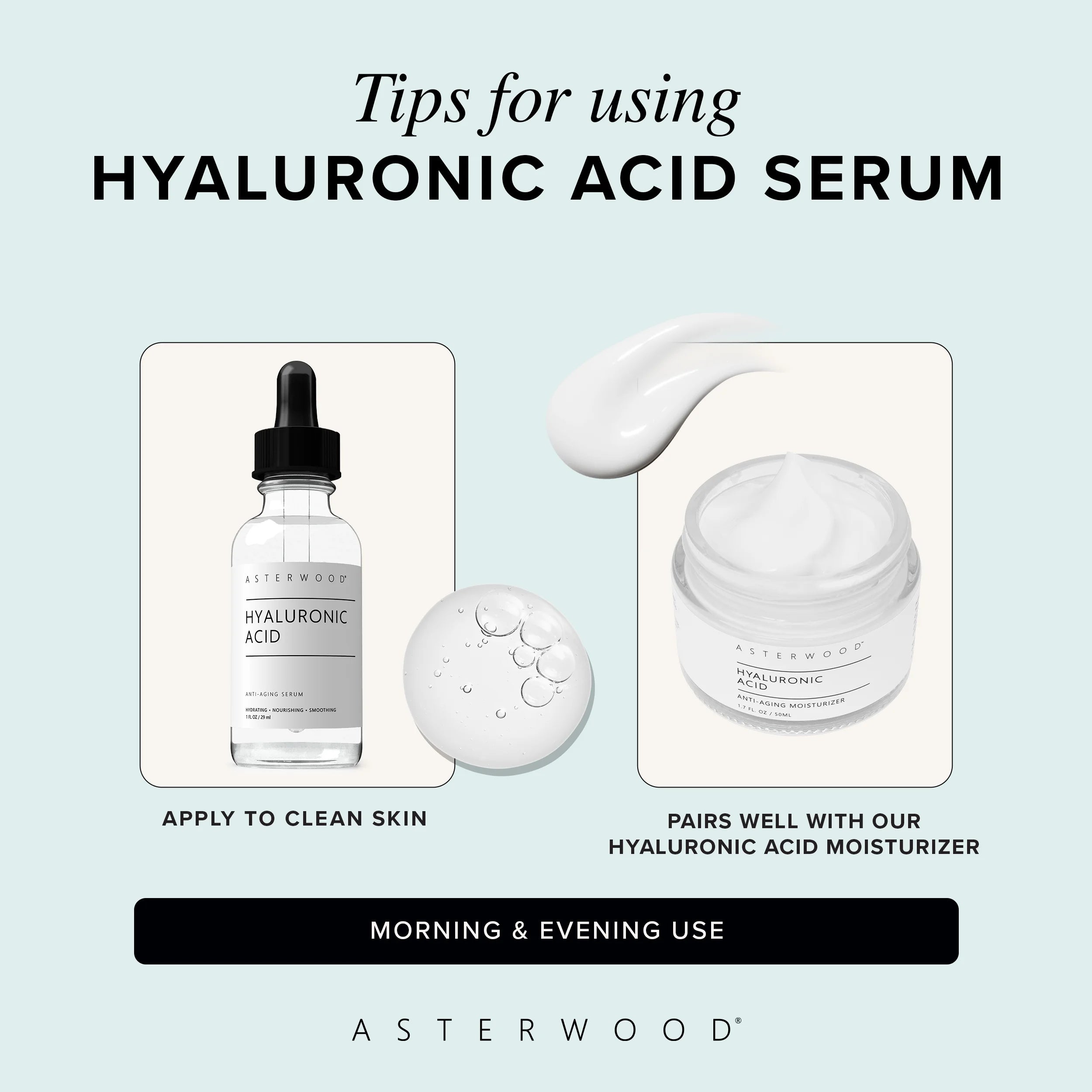 Asterwood Hyaluronic Acid Serum for Face - Plumping, Anti-Aging, Hydrating, Fragrance-Free, 1 Fl Oz
