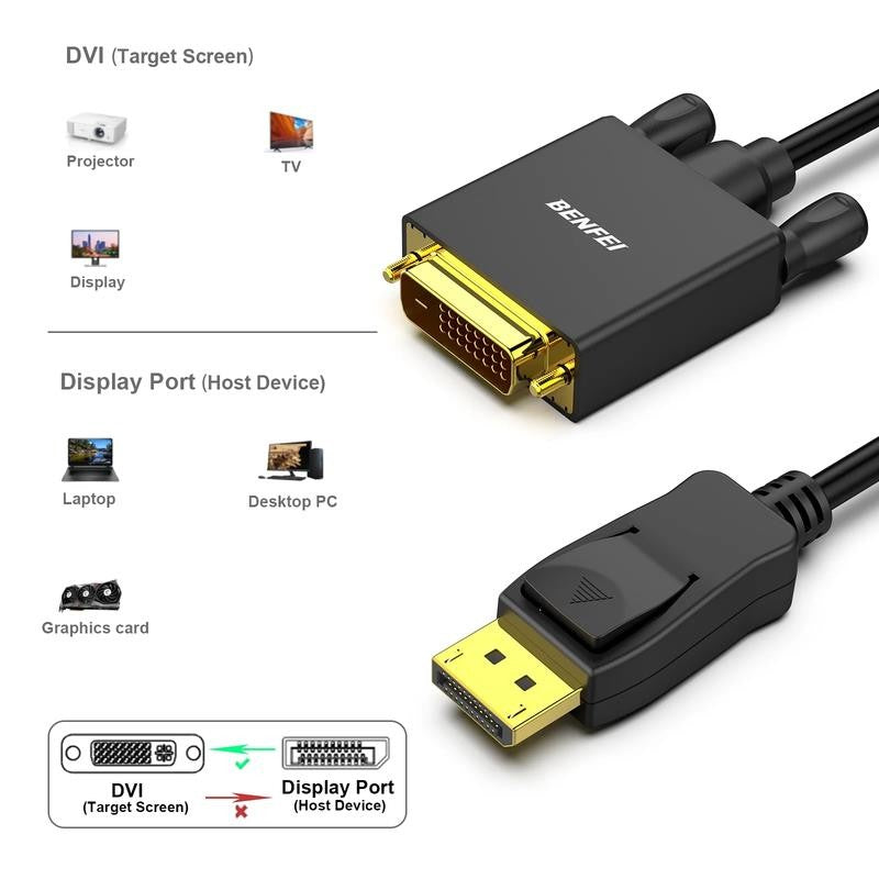 Displayport to DVI 6 Feet Cable Compatible with Lenovo, Dell, HP and Other Brand