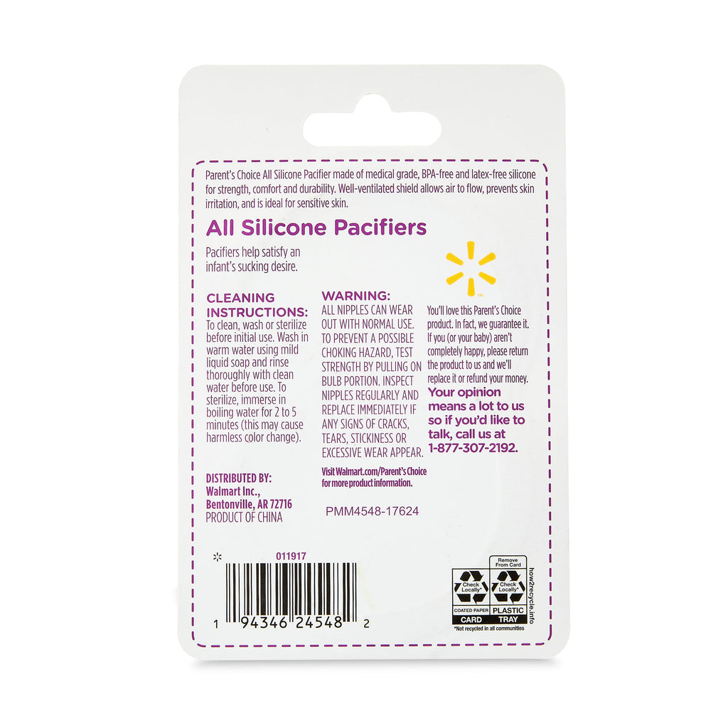 Parent'S Choice All Silicone Pacifier, 0M+ Newborn, Unisex, 2-Pack