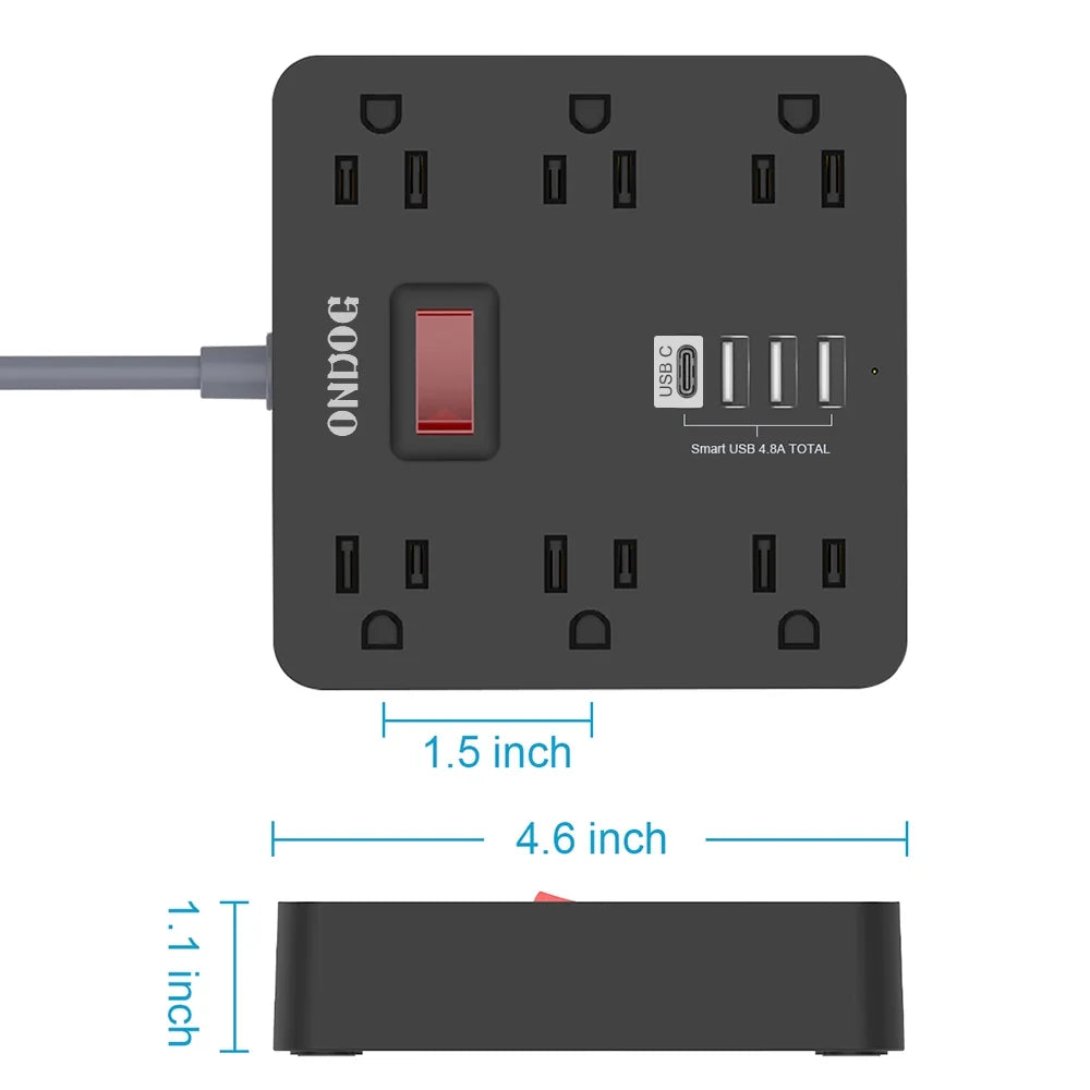 5Ft Extension Cord - 6 AC Outlets and 4 USB Charging Ports, Power Strip for Home