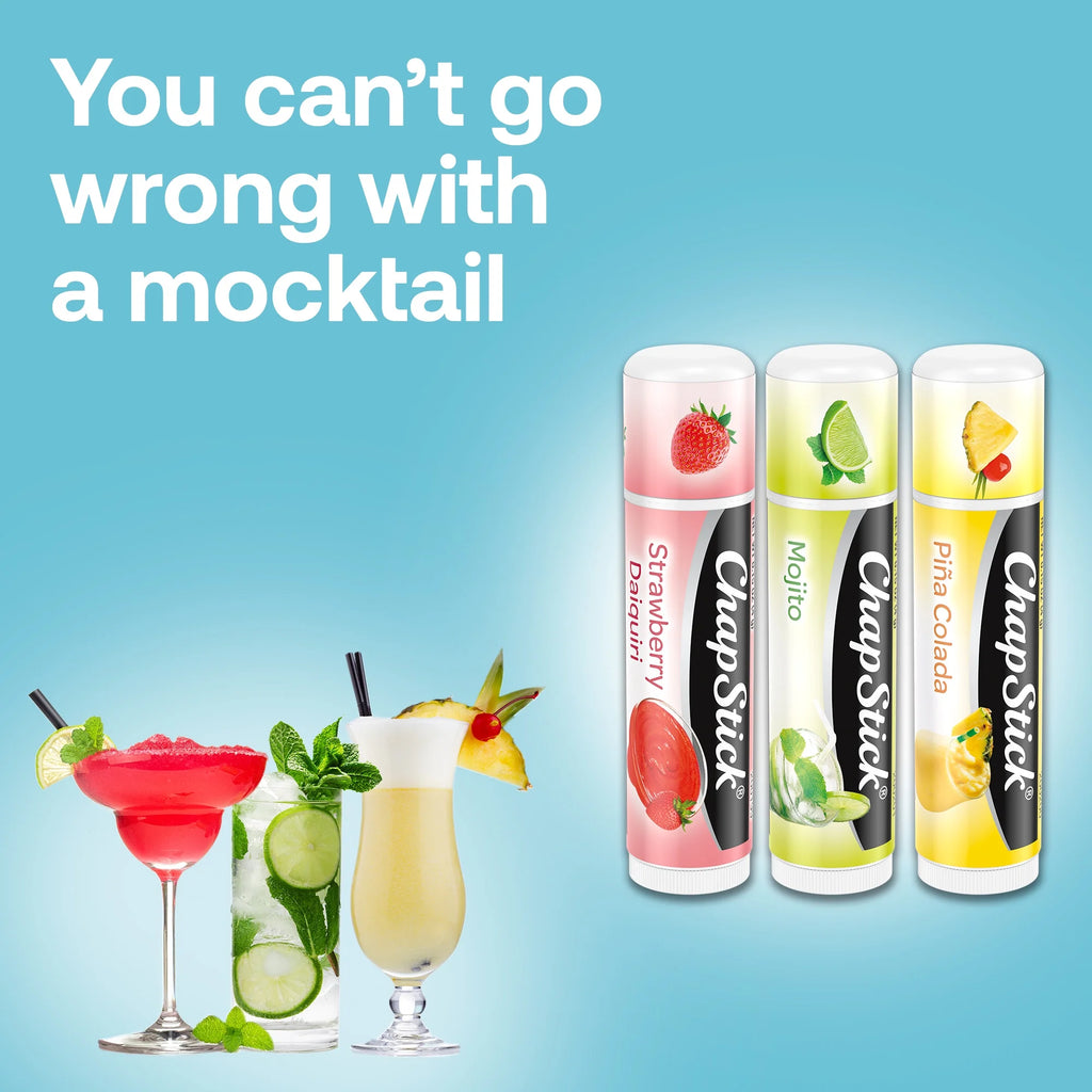 Chapstick Mocktail Flavored Lip Balm Tubes, Strawberry Daiquiri, Mojito, and Pina Colada, 0.15 Oz X 3 Sticks