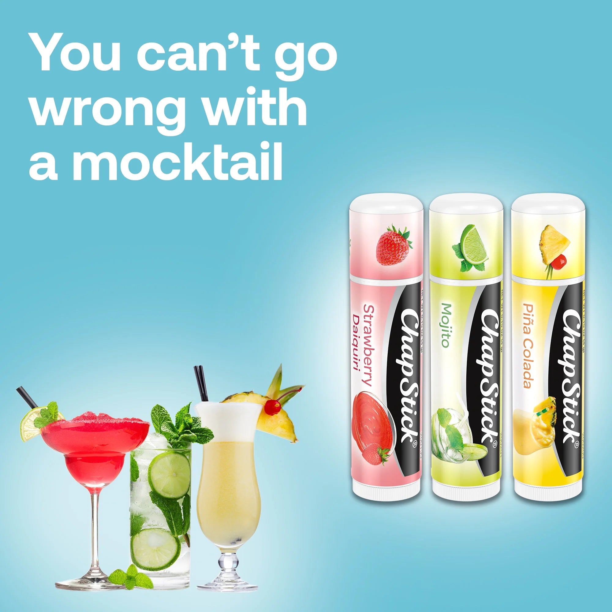 Chapstick Mocktail Flavored Lip Balm Tubes, Strawberry Daiquiri, Mojito, and Pina Colada, 0.15 Oz X 3 Sticks