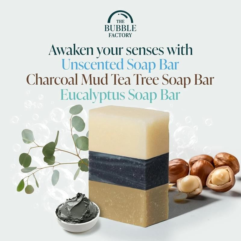 Fresh & Clean Collection 3 Pack Soap Eucalyptus, Unscented, Charcoal Mud Tea Tre