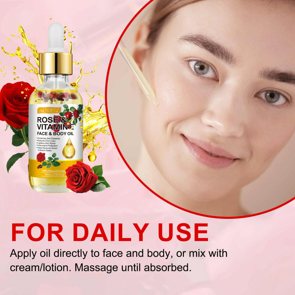 Aliver Rose & Vitamin E Oil for Face, 100% Pure and Natural , for Skin Moisturizing, Anti-Aging, Reduce Pigmentation, 2.02 Fl Oz