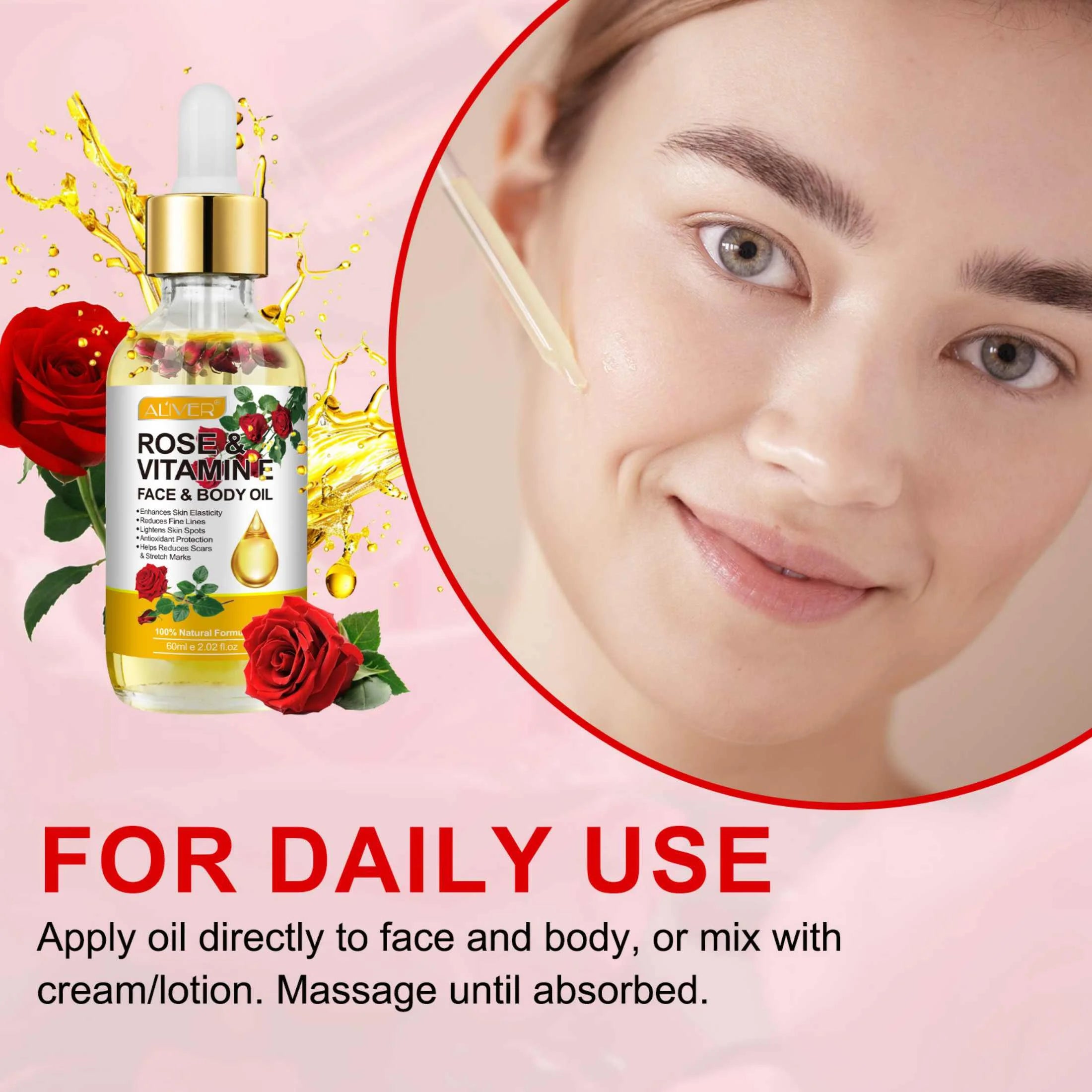 Aliver Rose & Vitamin E Oil for Face, 100% Pure and Natural , for Skin Moisturizing, Anti-Aging, Reduce Pigmentation, 2.02 Fl Oz