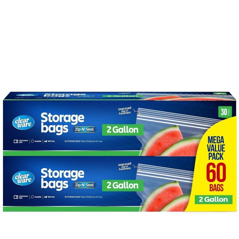 2 Gallon Double Zipper Food Storage Bags, 60 Count, 2 Pack