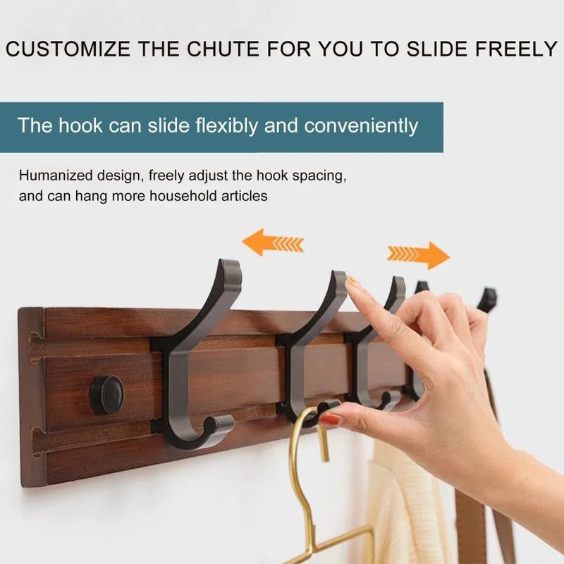 Coat Rack Wall Mount with Movable 5 Metal Hooks, Wooden Coat Rack Farmhouse Coat