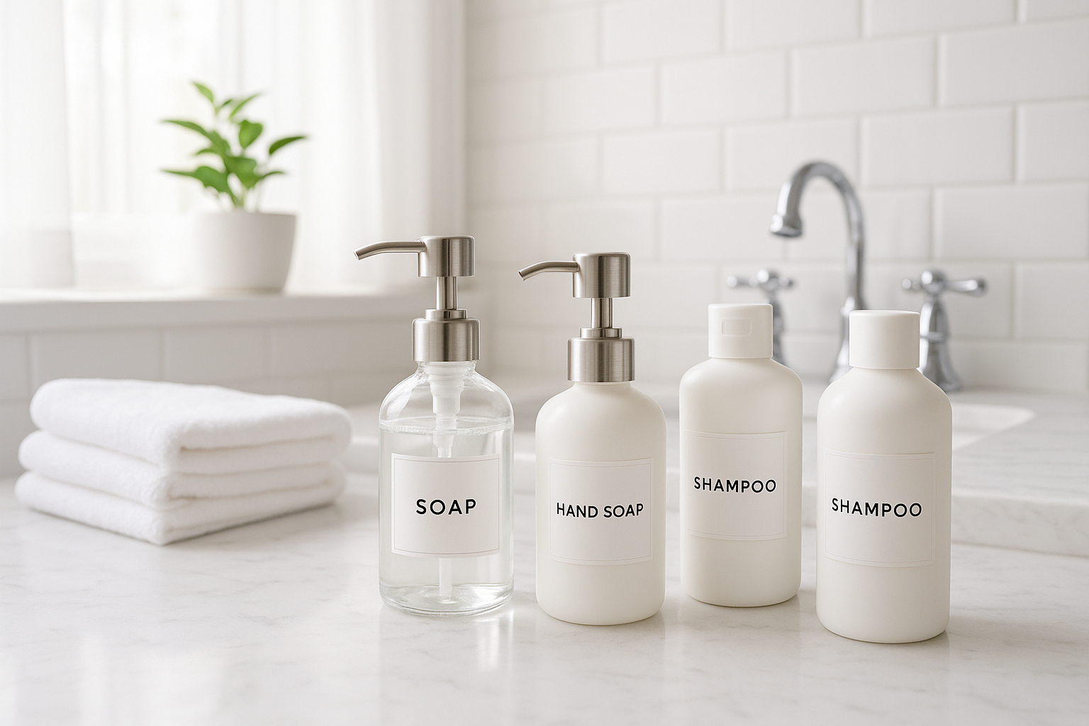clean, fresh items soap, shampoo bottles, a tidy bathroom 