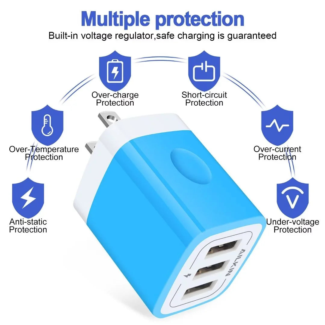 AILKIN Type C Charger Block Fast Charging,Usb Charger Block with 3PACK Usb a to Usb C Cable 6Ft 3.1A Multi Three Port USB Wall Charger Block Adapter Plug High Speed Phone Android Charger Cord Type C