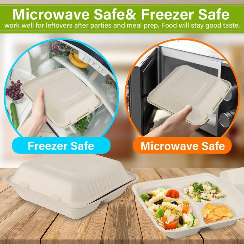 100Pack Compostable Take Out Container 10X10, Disposable to Go Food Boxes with 3