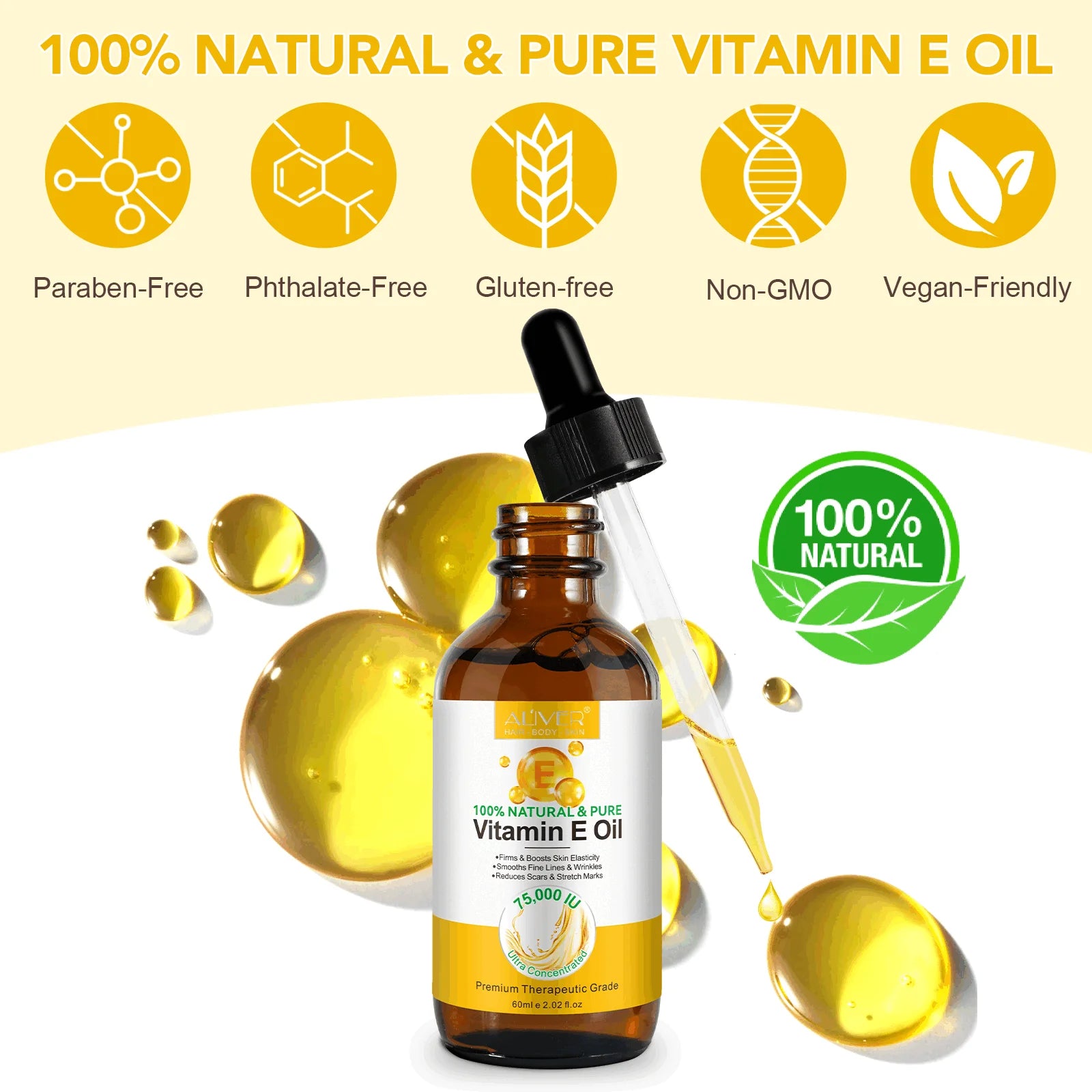 Aliver Vitamin E Oil for Skin, Face, Hair, Body, 75,000 IU, Moisturizing and Firming Skin, 2.02 Fl.Oz (2Pack)