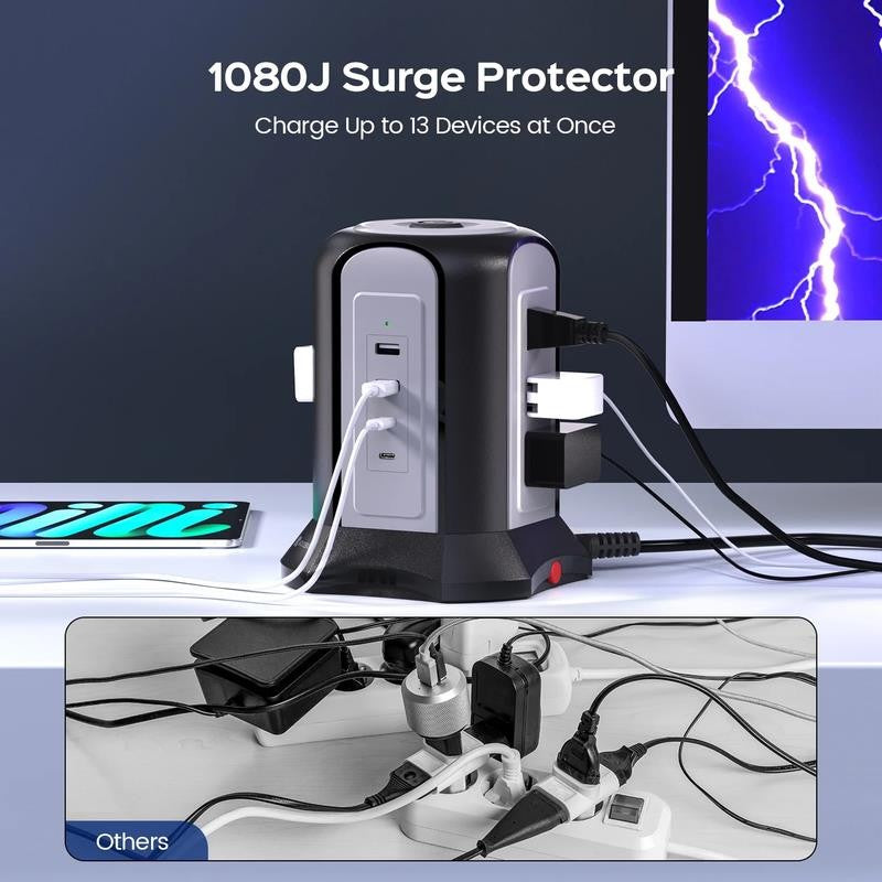 13 Outlets Power Strip Tower, USB C Surge Protector Charging Station, 4 USB Port