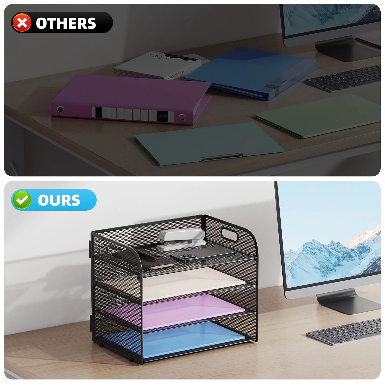 4-Tier Desk Organizer Tray, ,Paper Organizer for Desk,Mesh Desktop File Organizers with Handle