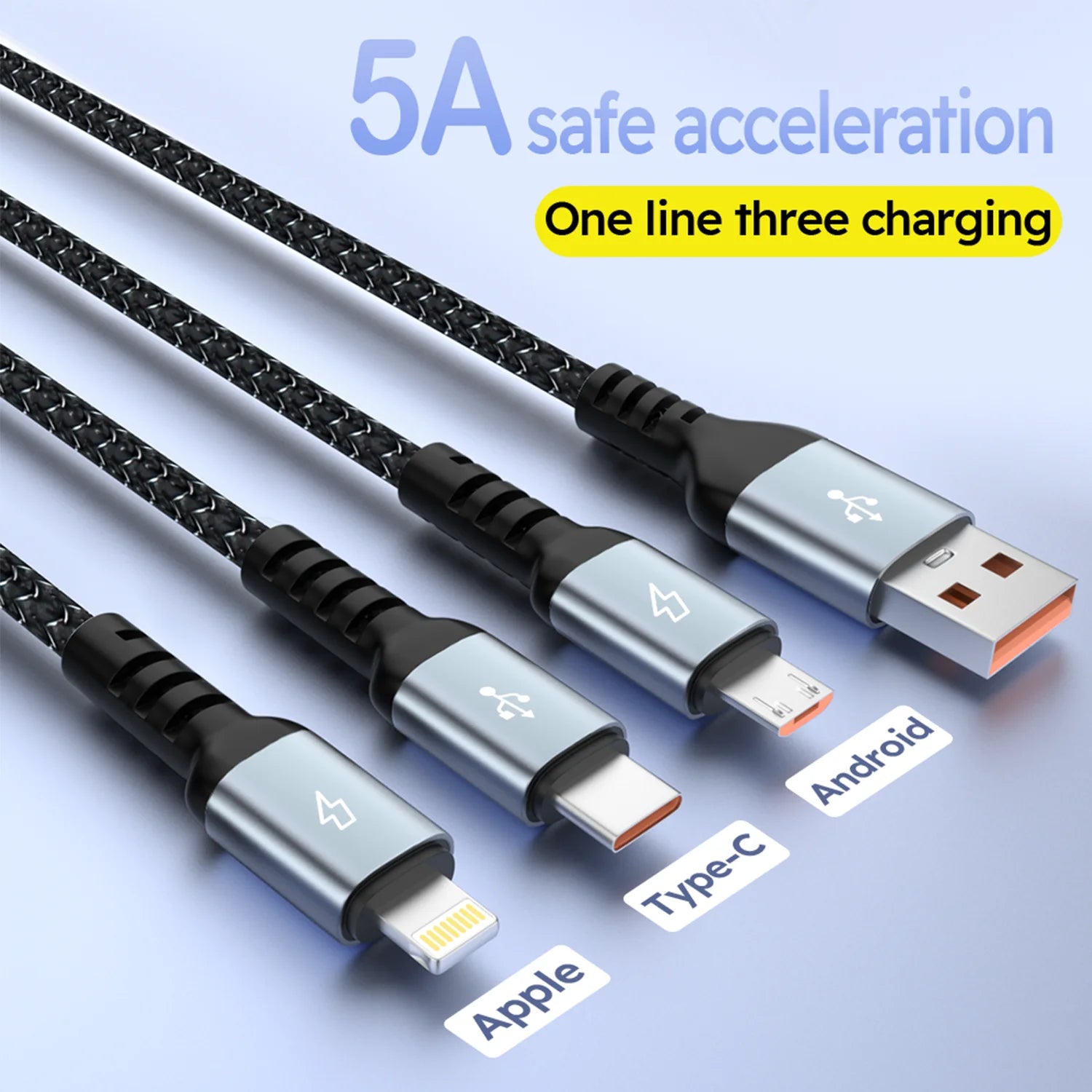 Firsting 4FT 100W 3-In-1 USB Charger Cord Phone Charging Cable Fast Charging Data Cable 2PCS Black